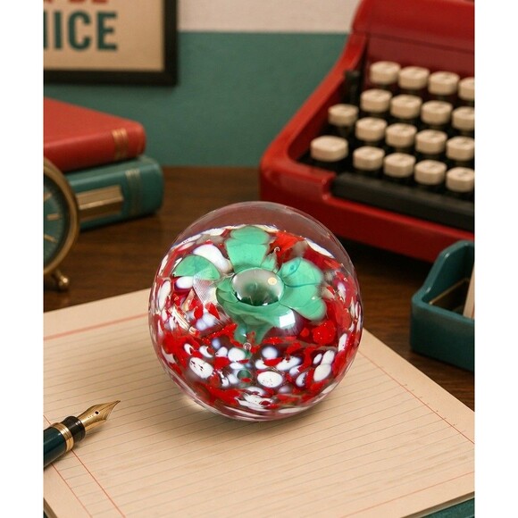 Unmarked Other - Vintage Art Glass Paperweight Floral Millefiori Red White Green Flower Orb Ball